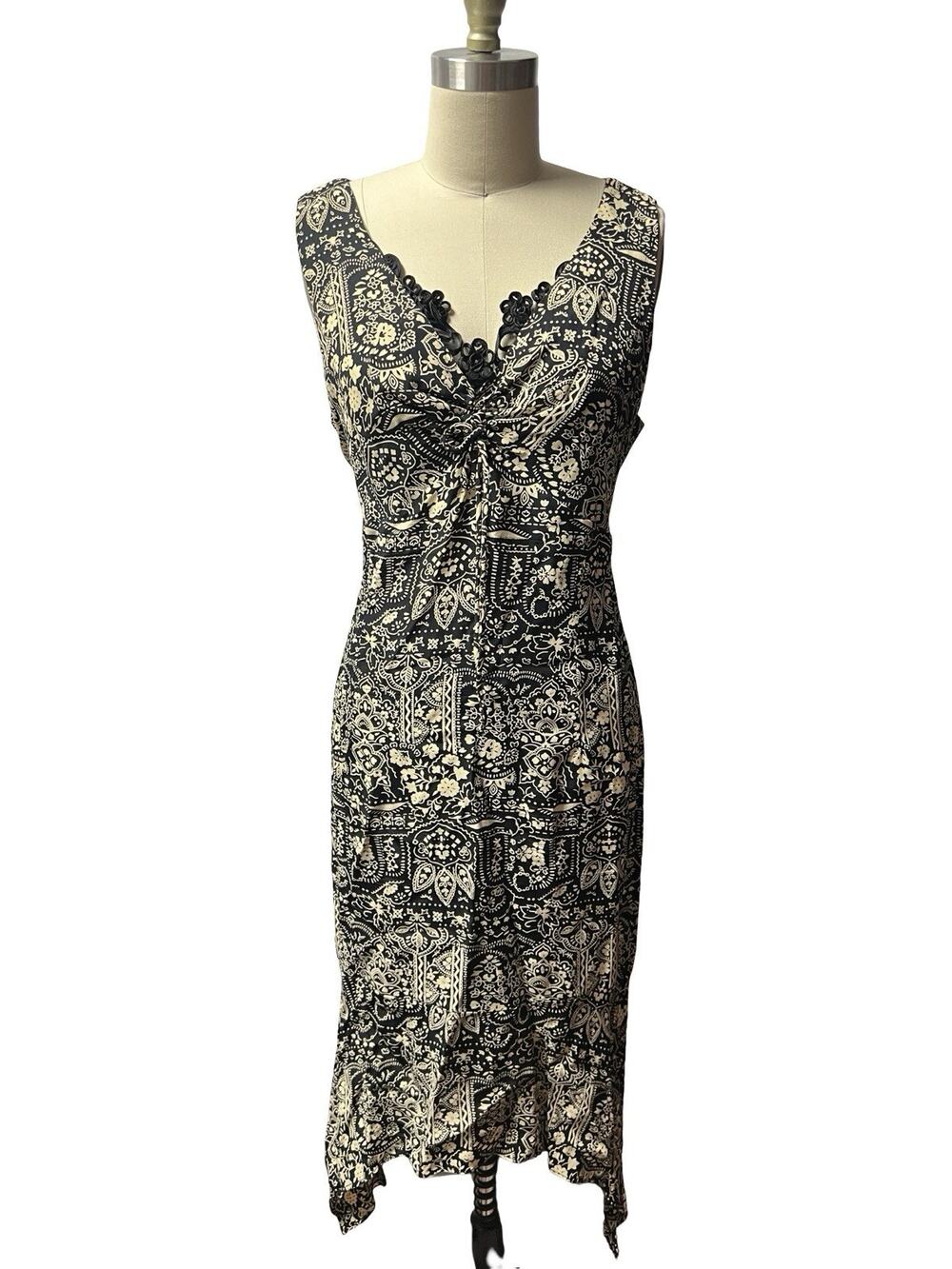 Vtg 90s Paisley Hi-Low Hem Midi Dress Womens 15/16 Black Cream Rayon Boho Grunge